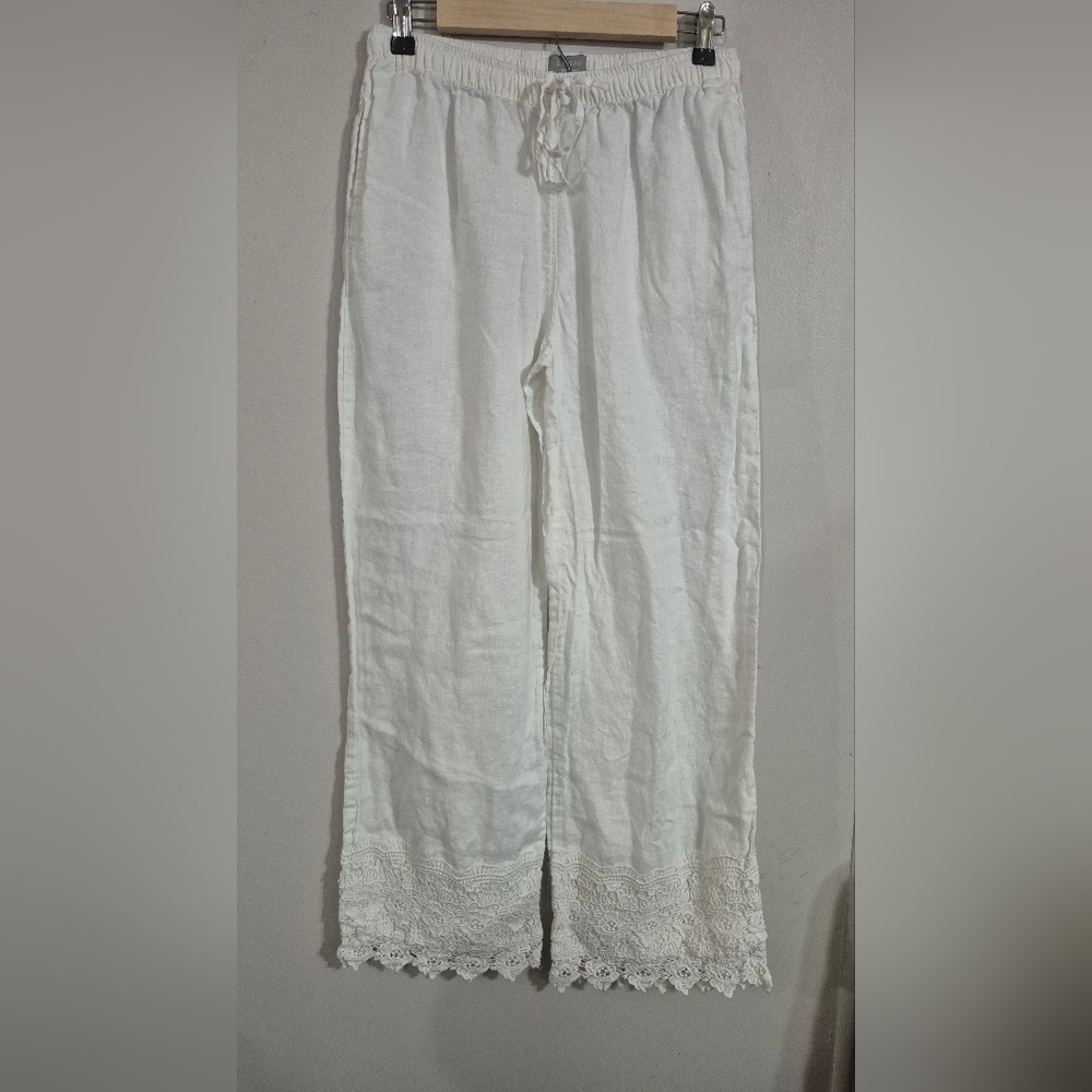 Kenar White Lace Trim Linen Pants Size Medium